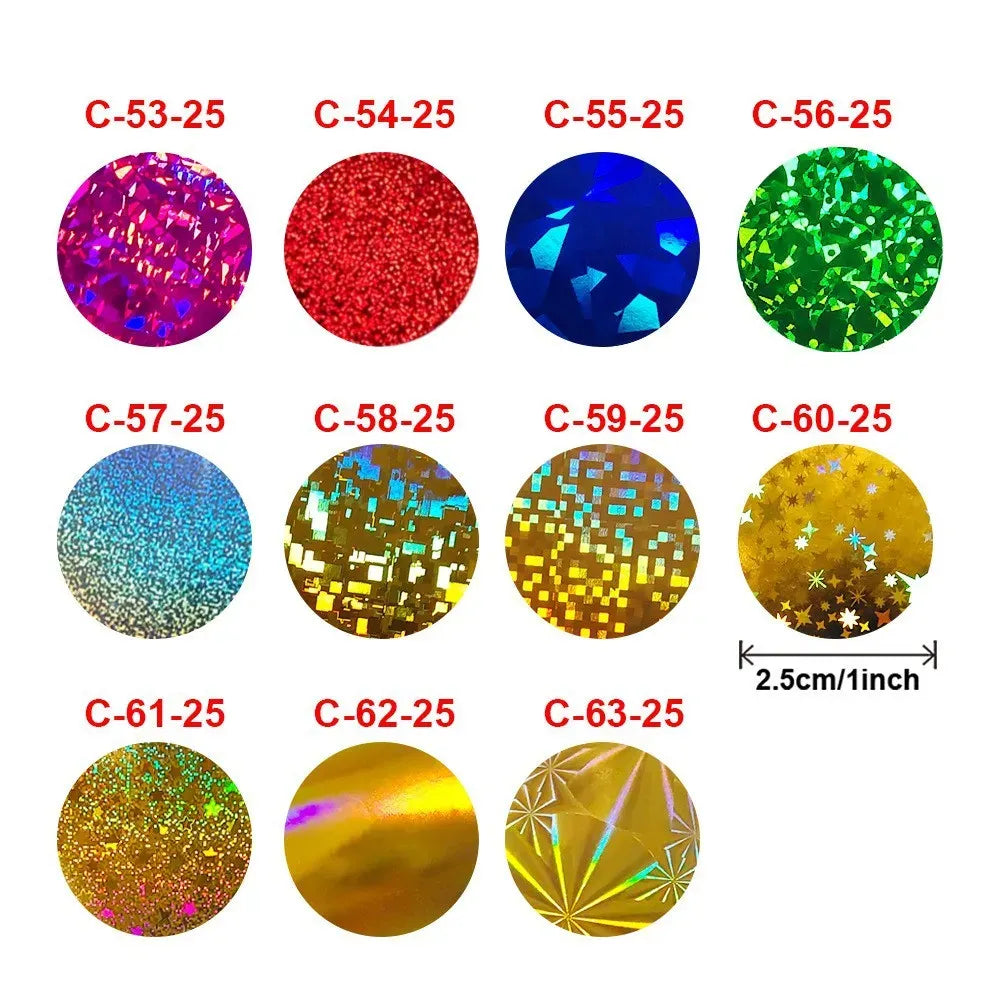 Holographic glitter circle sticker color swatches with small code text