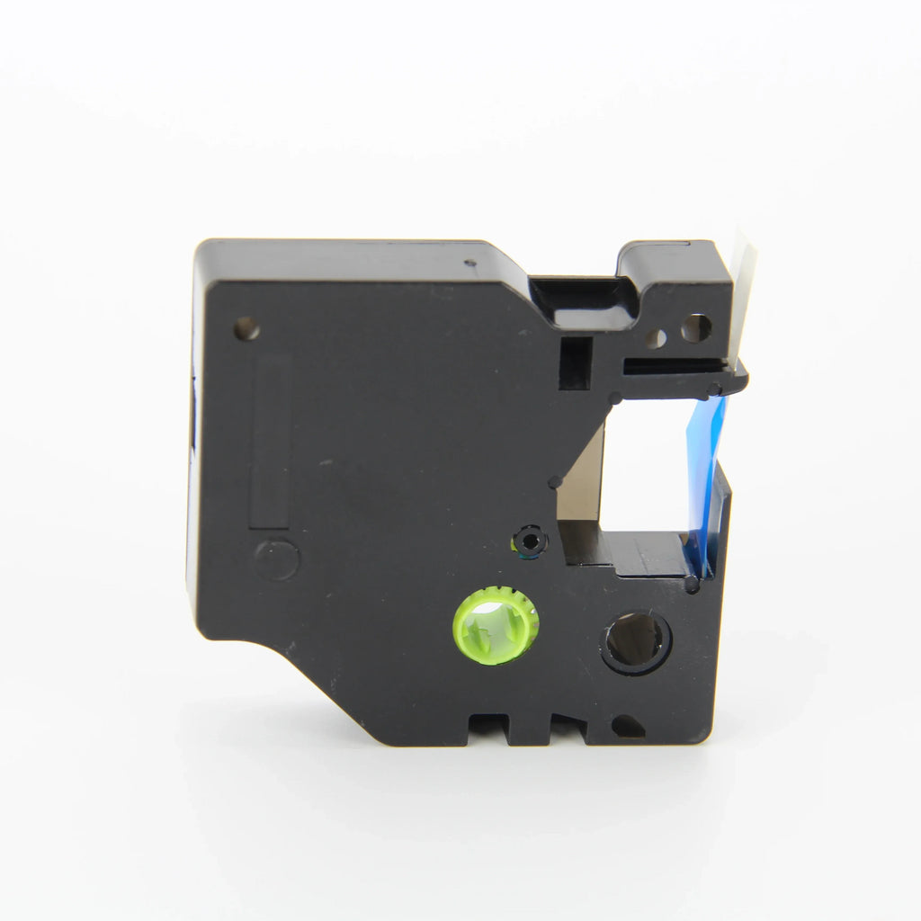 Side view of black D1 thermal label tape cassette with blue strip and green wheel