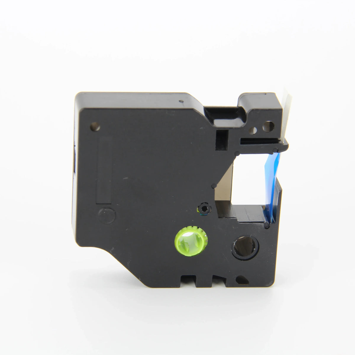 Side view of black D1 thermal label tape cassette with blue strip and green wheel