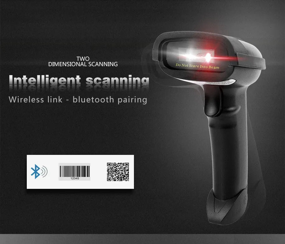 Handheld wireless Bluetooth barcode scanner with red scanning beam and pairing icons