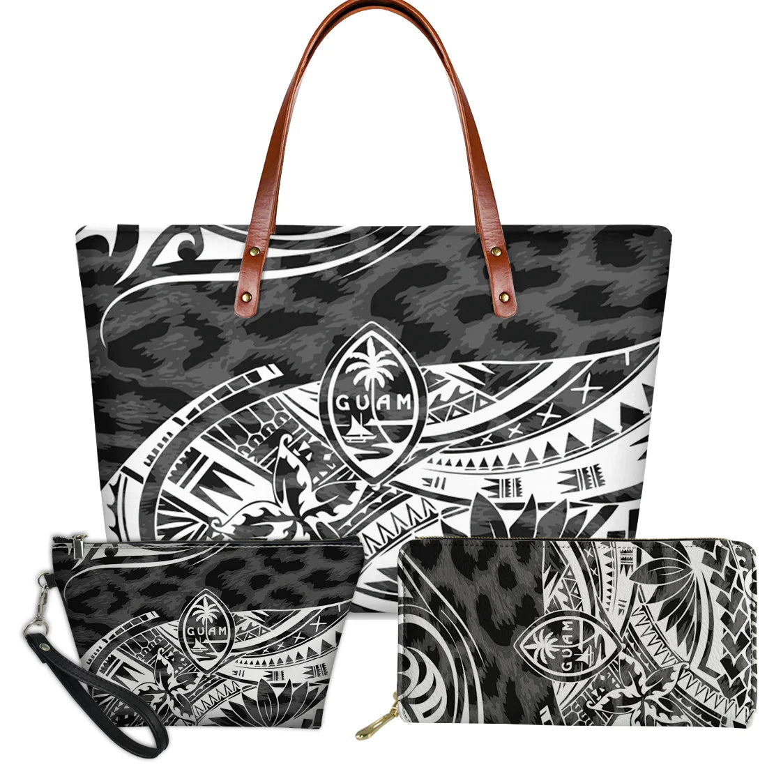 3-piece handbag set with black/grey Guam tribal floral print, brown leather handles, and turtle pattern accents.