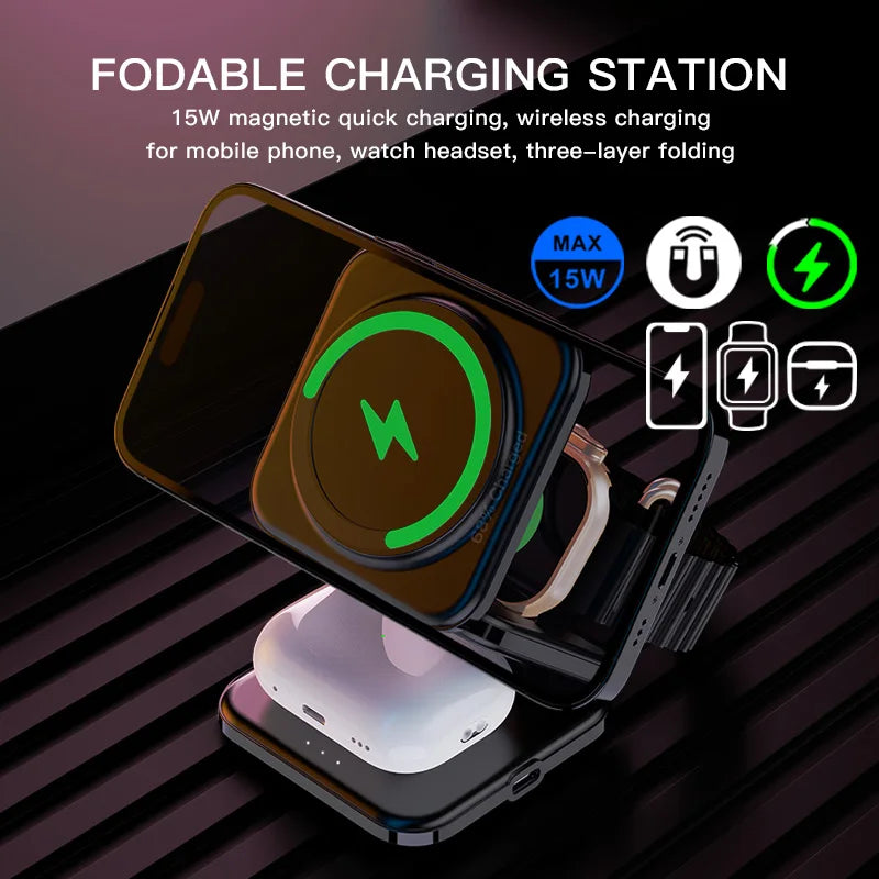 Custom Travel Station for iphone 15 Pro Max Foldable Power Bank Strong Magnetic New Multifunctional 3 in 1 Wireless Charger Tidesmit