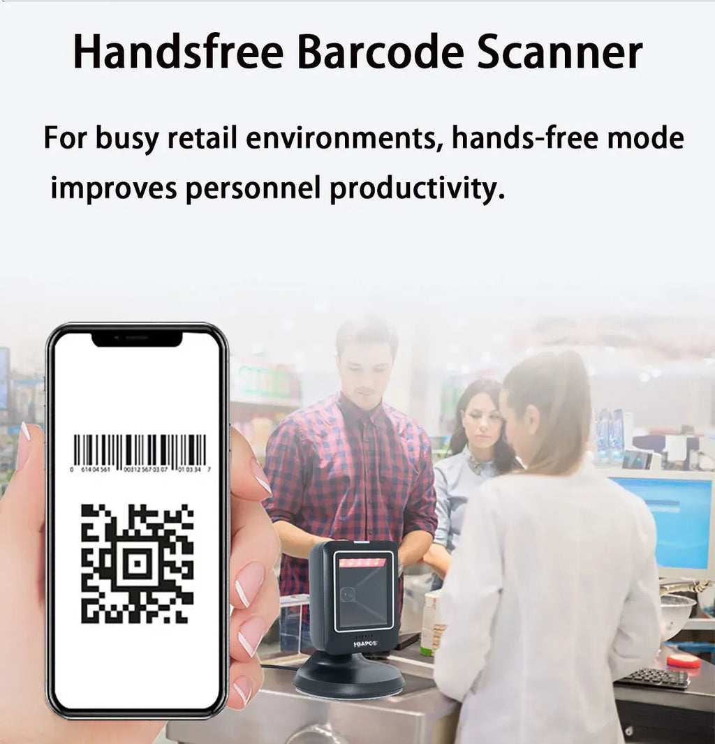 Hands-free desktop 2D barcode scanner with QR code on smartphone screen