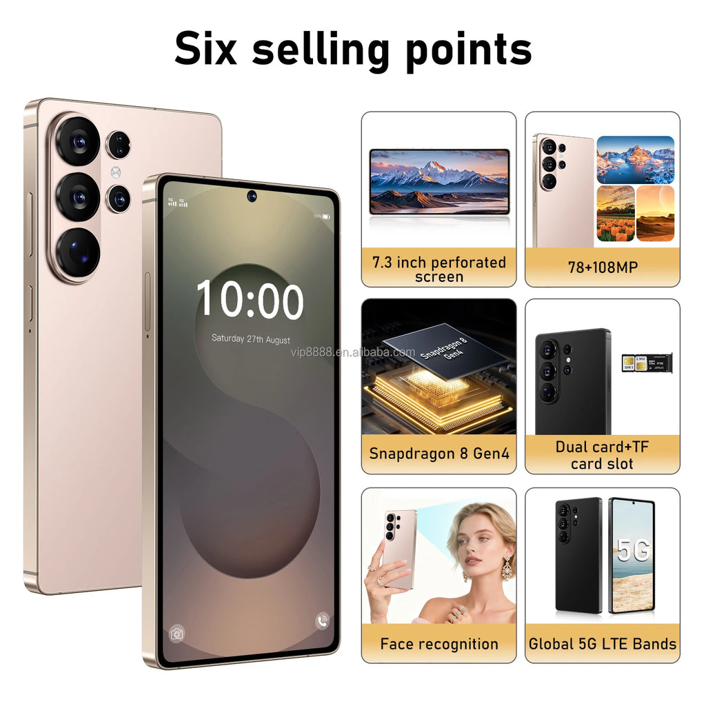 Tidesmit S26 Ultra 5G smartphone with 7.3 inch display, 22GB RAM, 2TB storage, and Android 15 in sleek black finish.