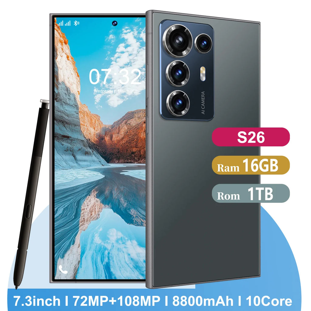 S26 Ultra smartphone featuring a 7.3 inch display and long battery life viewed from the side