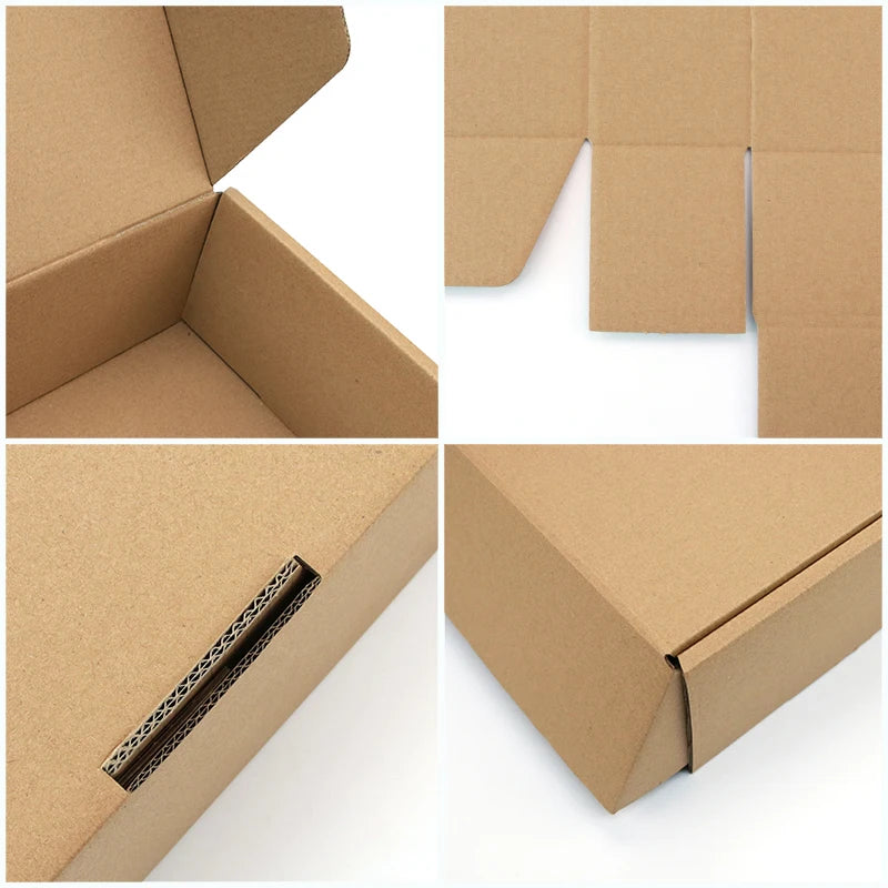 Close-up views of kraft mailer box interior and corner flap closure details