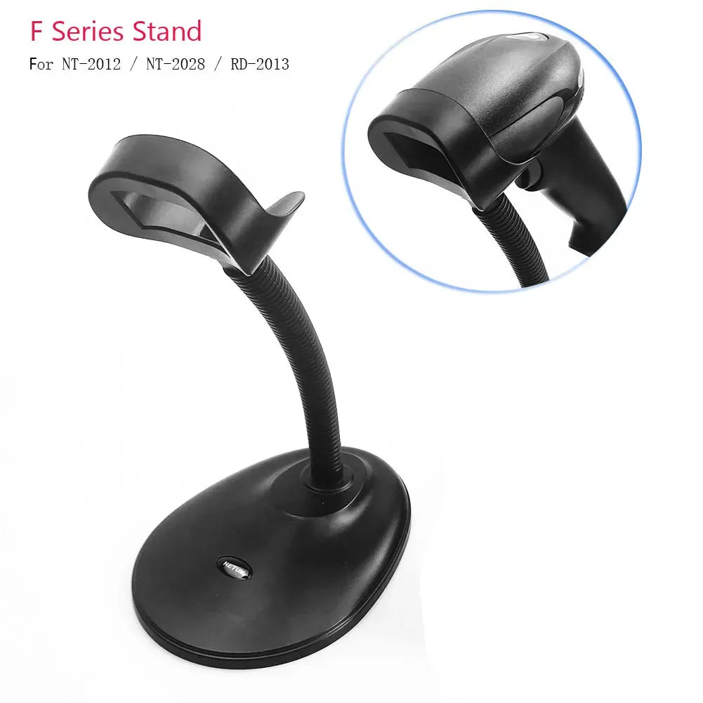 F-series adjustable barcode scanner stand with black base and arched cradle