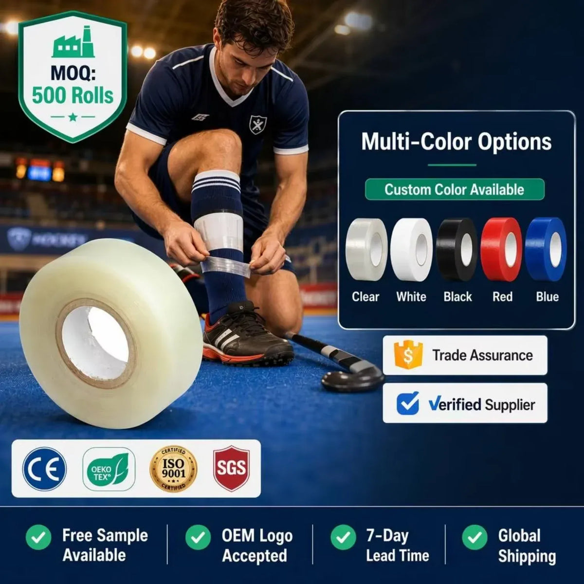 Pale yellow hockey tape roll with multi-color option tray displayed
