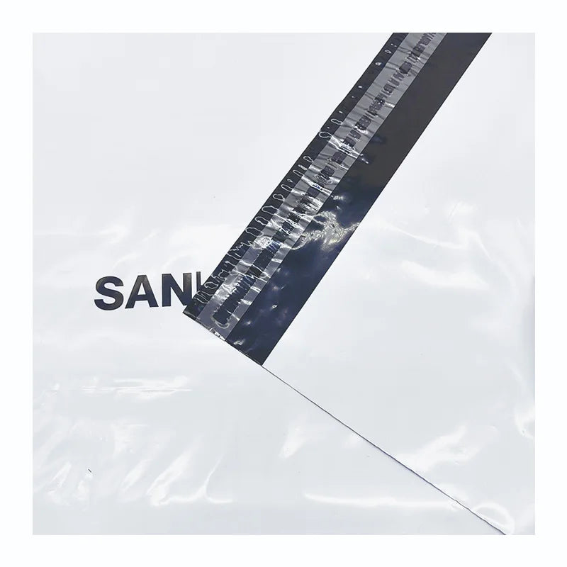 White poly mailer bag with diagonal black strip and SANHOUSE FIT branding