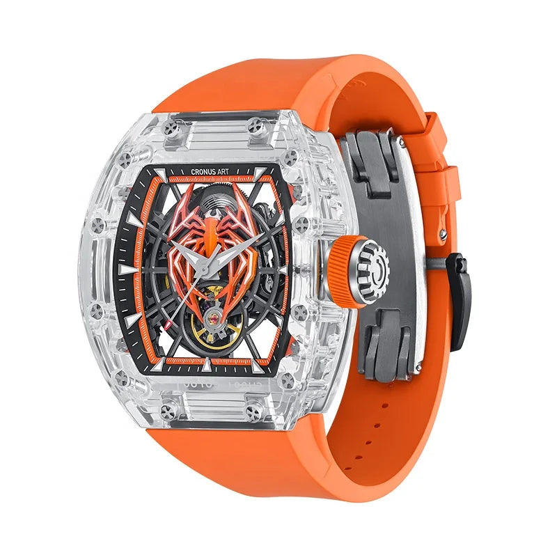 CRONUSART  Crystal Tonneau Men's Mechanical Watches with Transparent Luminous Dial and Spider Theme Design