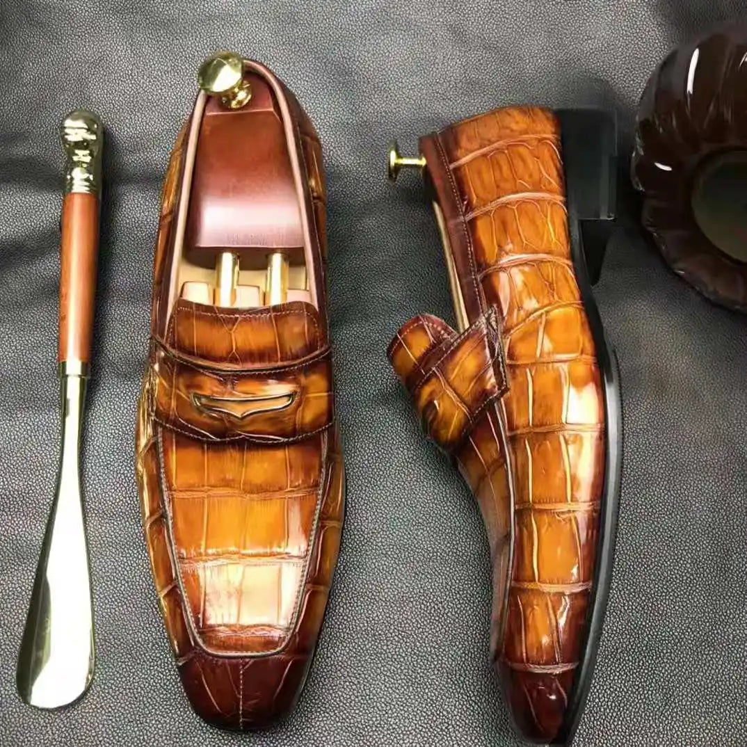Goodyear Welt Luxury Penny Loafer Shoes for Men Genuine Alligator Leather Formal Shoes Man Office Crocodile Skin Dress Men Shoes