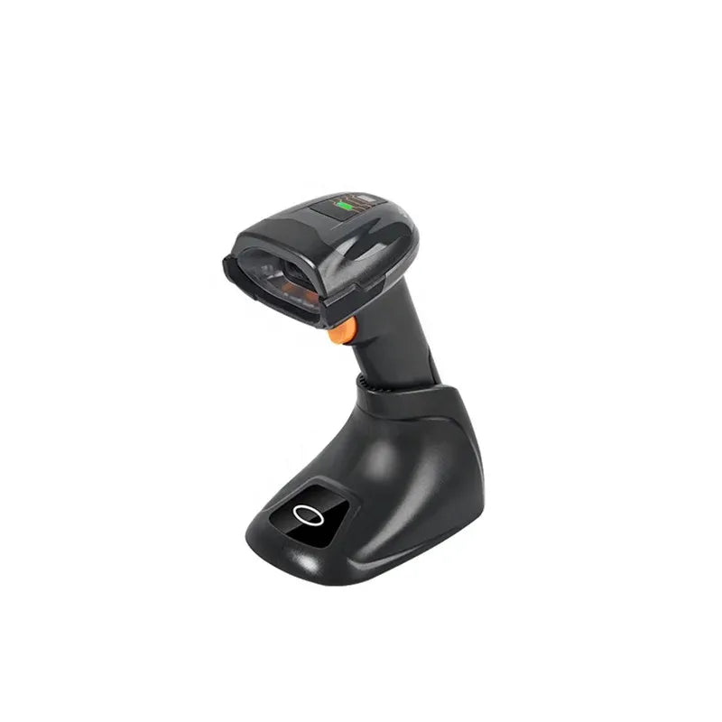 Handheld barcode scanner with scanning window on top and orange trigger