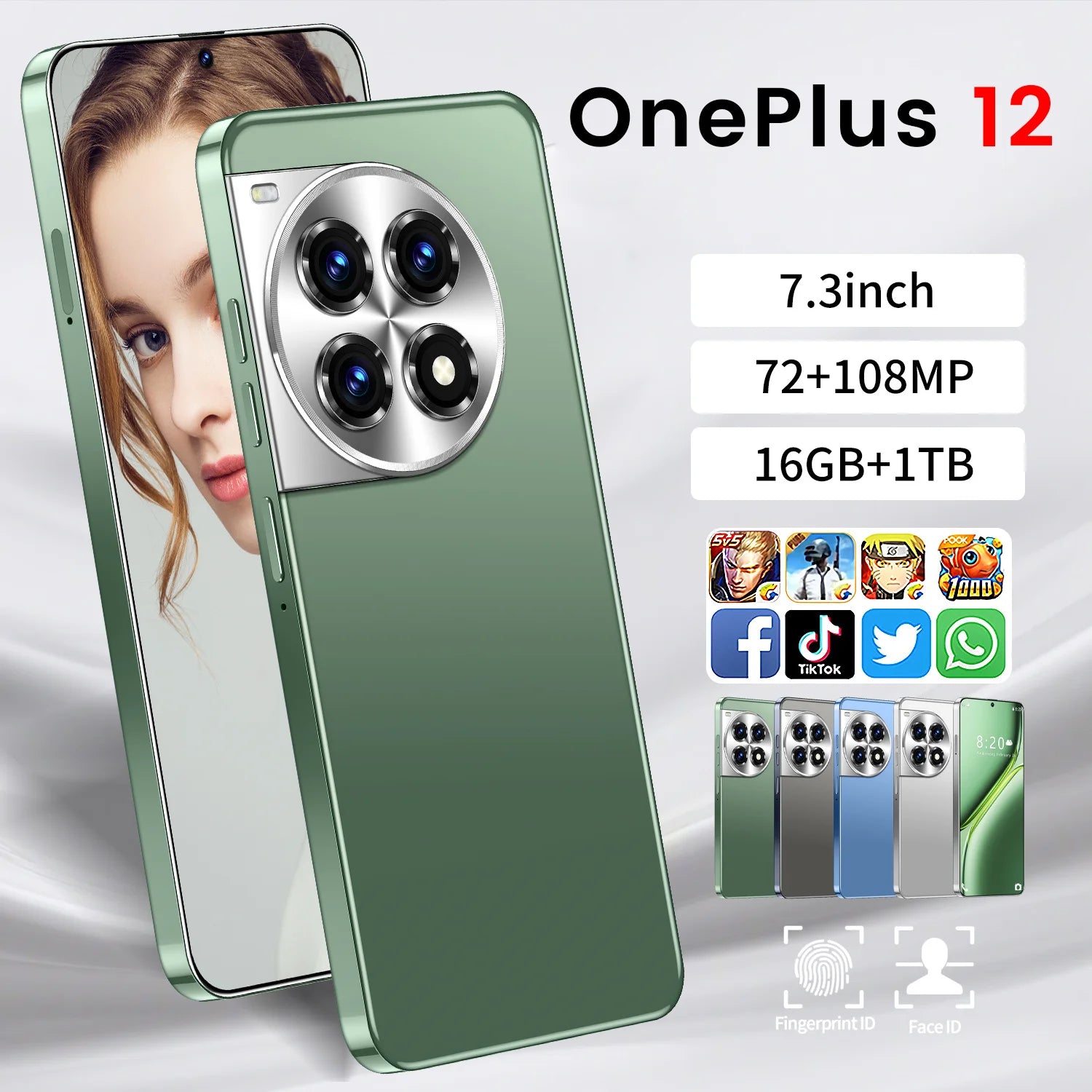 Global Version OnePlus 12 smartphone with 7.3-inch display, 16GB RAM, and 1TB storage, 5G unlocked mobile phone.