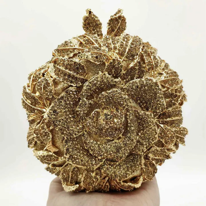 Gold crystal flower clutch, designer evening handbag for wedding parties, fully embellished with sparkling rhinestones.