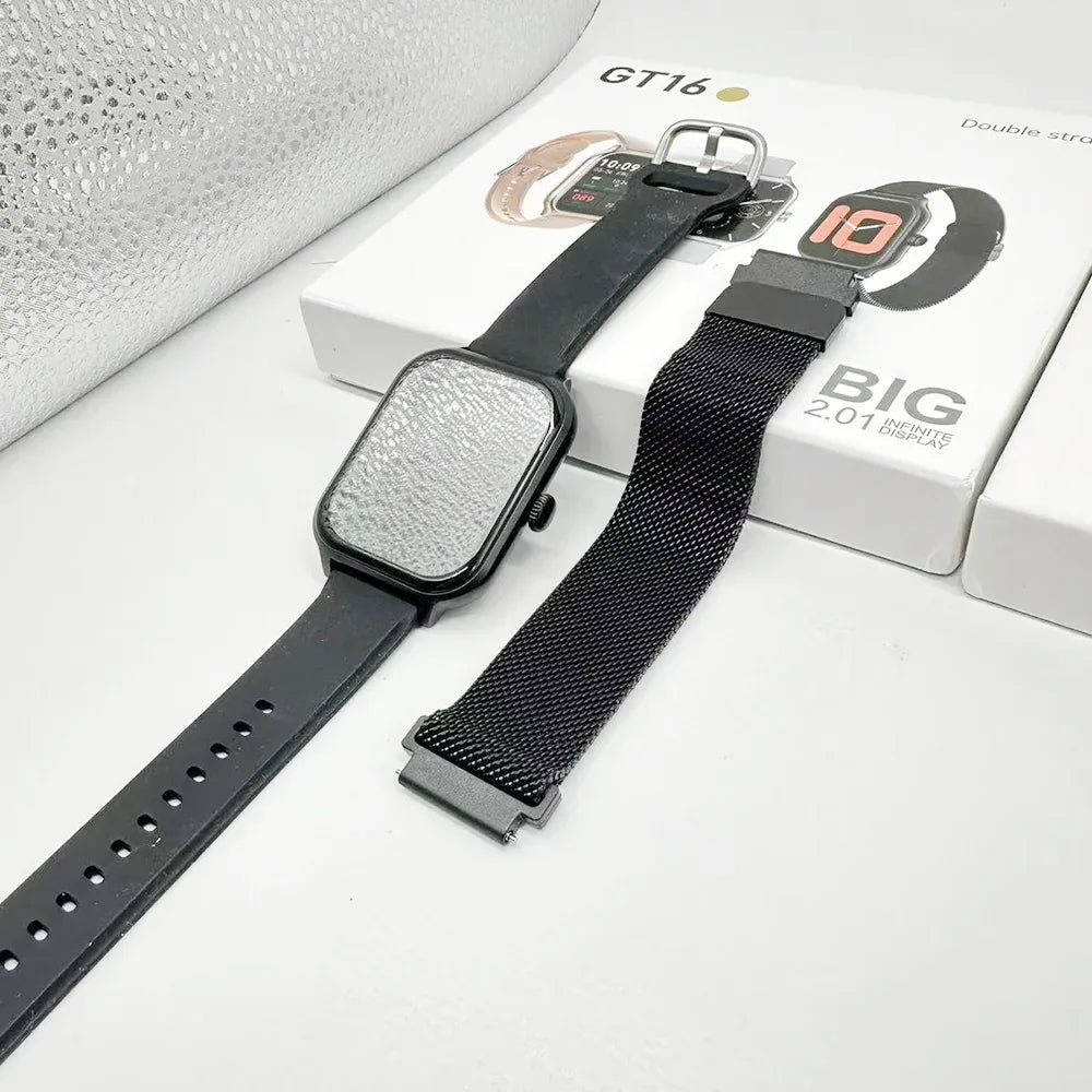 Fashion Smart Watch GT16 Fitness Tracker 2.01inch TFT Display IP68 Waterproof Android Relojes Smartwatch with Double Straps - Tidesmit