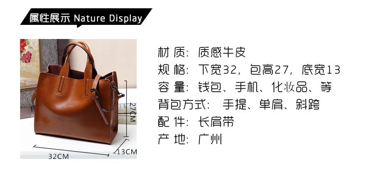 Luxury brown genuine leather tote handbag with top handles and adjustable shoulder strap, classic structured design.