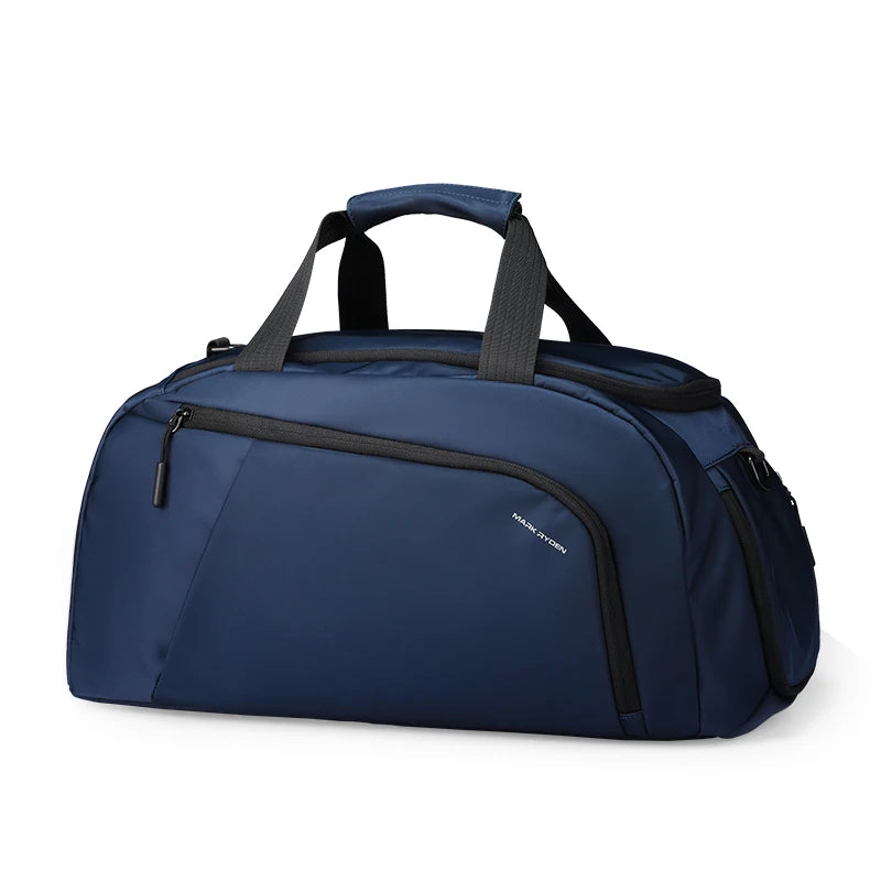Mark Ryden navy blue water-resistant gym trunk with shoe storage compartment, zip pockets, and reinforced top handles.