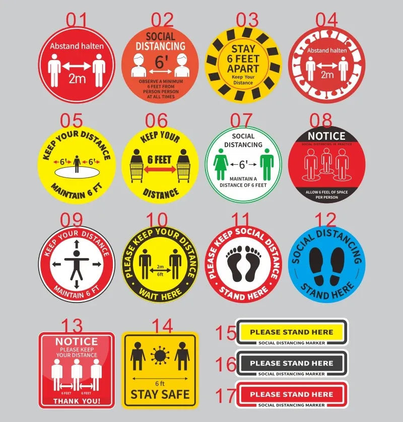 Numbered social distancing floor decal sticker sheet with 'stand here' and 'stay safe' text