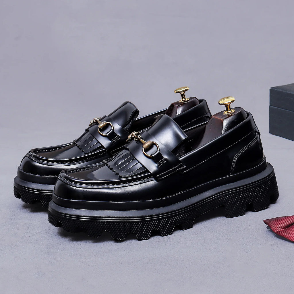 British Style Stylish Men's Genuine Cowhide Loafers Fashionable Casual Leather Shoes Thick-soled