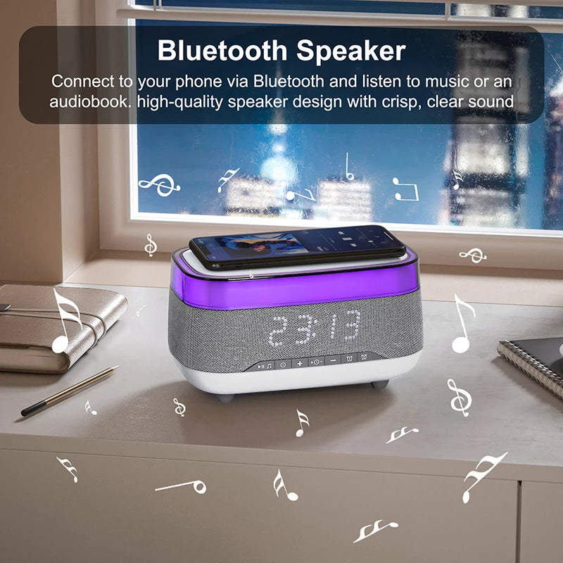 2025 New Multifunction Chargers RGB Led Night Light 15w Fast Wireless Charger Blue Tooth Music Speaker with Alarm Clock Tidesmit
