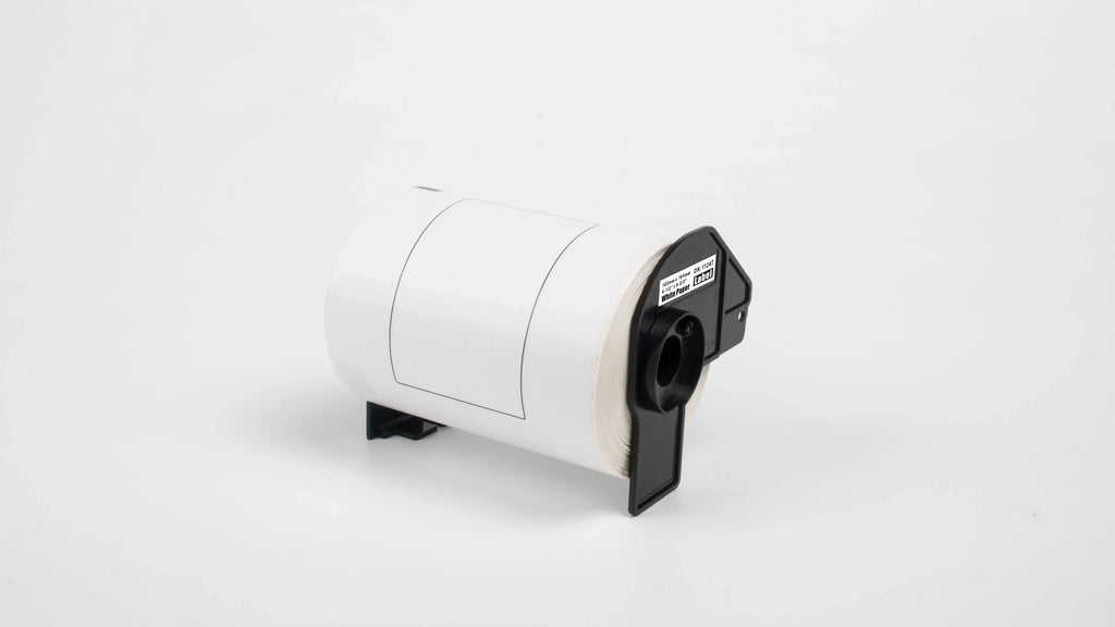 Thermal label roll with black holder, side view