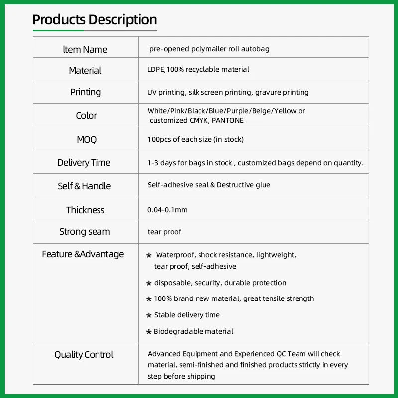 Pre-opened auto poly bag roll specification chart with color options and material details