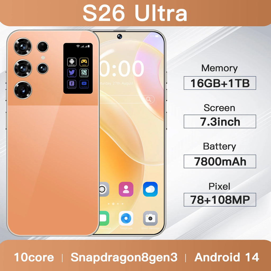S26 Ultra Android 14 5G smartphone with 7.3 inch HD screen and 108MP camera, side view.