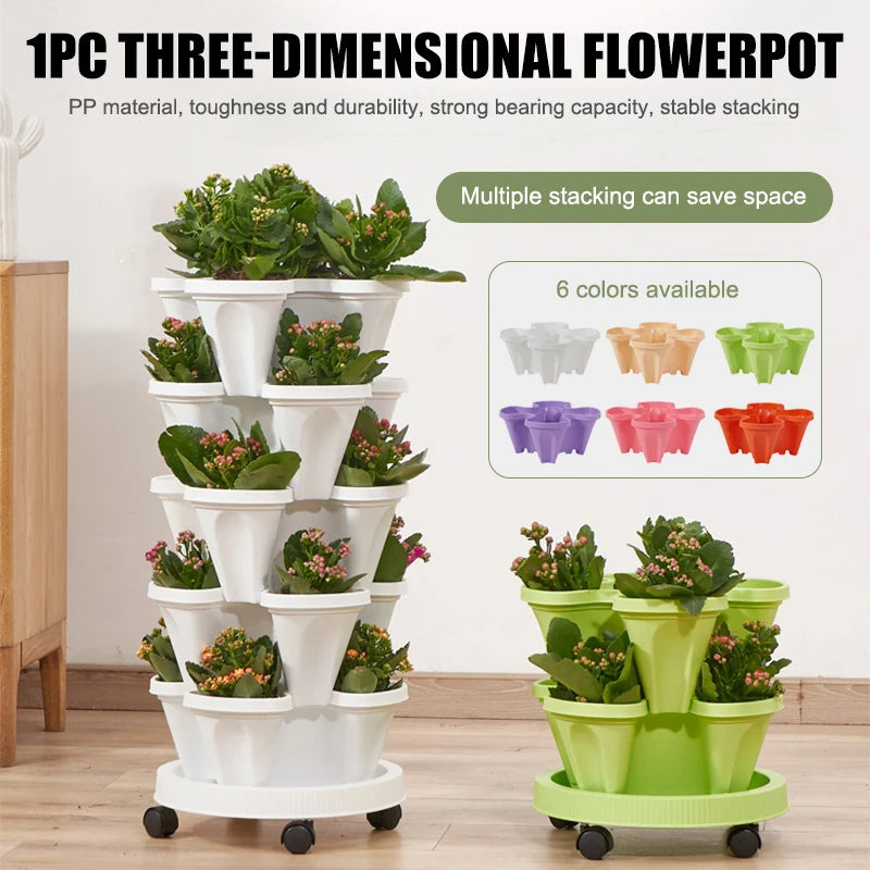 Stackable vertical flower pot planter set, white and green plastic with tiered pots and wheels