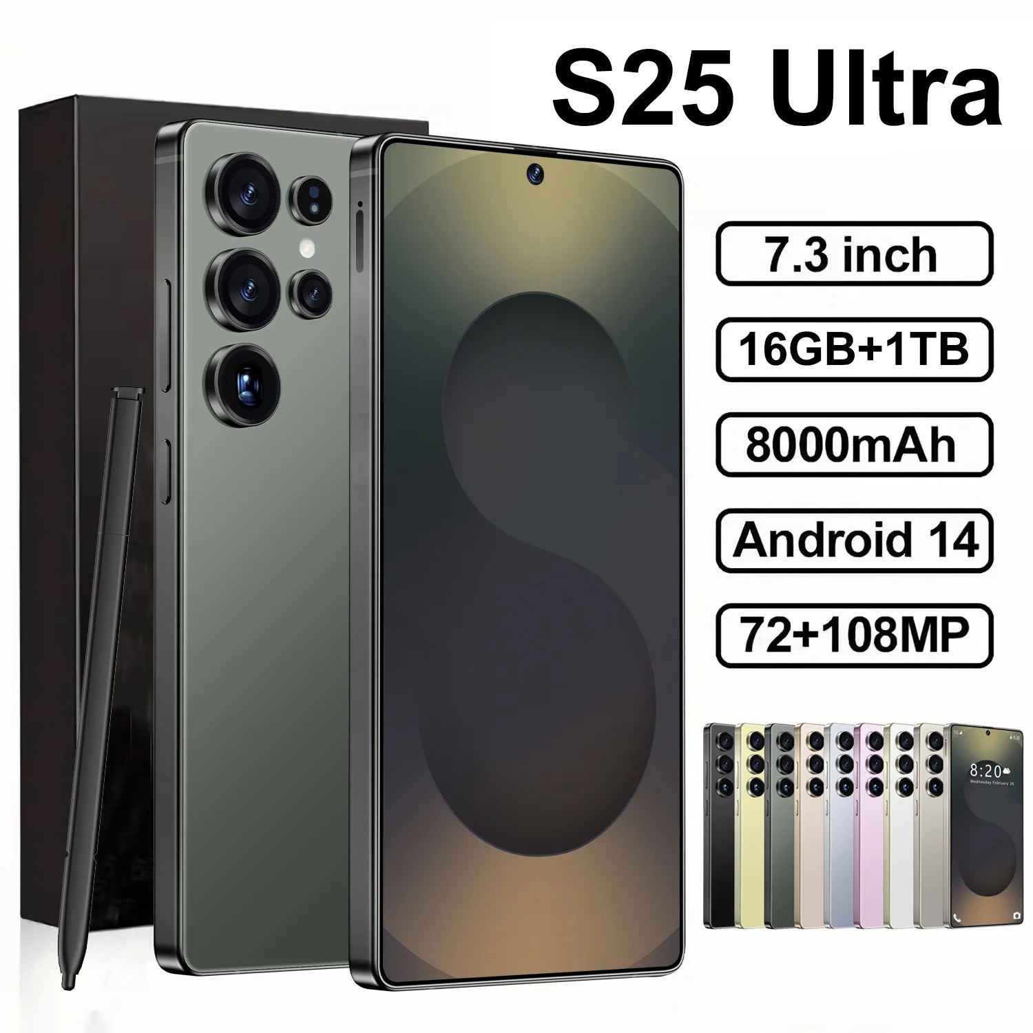 Tidesmit S25 Ultra 5G smartphone with 108MP camera, 22GB RAM, and 7.3-inch HD screen in elegant finish.