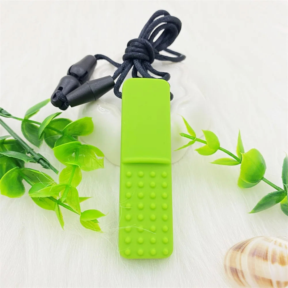 Green silicone baby teething toy necklace for soothing teething pain.
