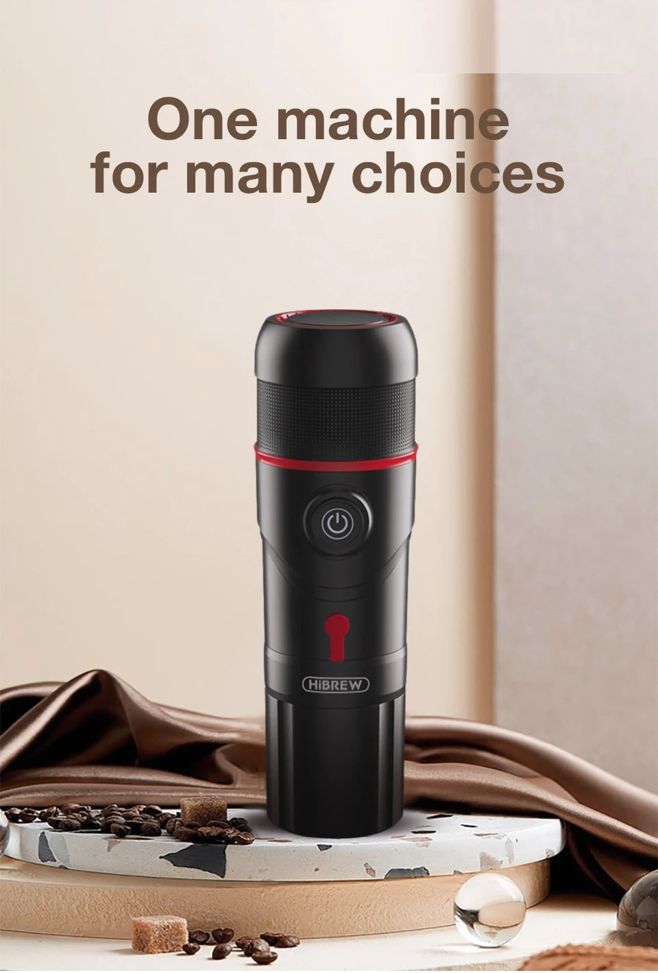 HiBREW portable black coffee maker with red accents, sleek cylinder design, and power button on a decorative stand.