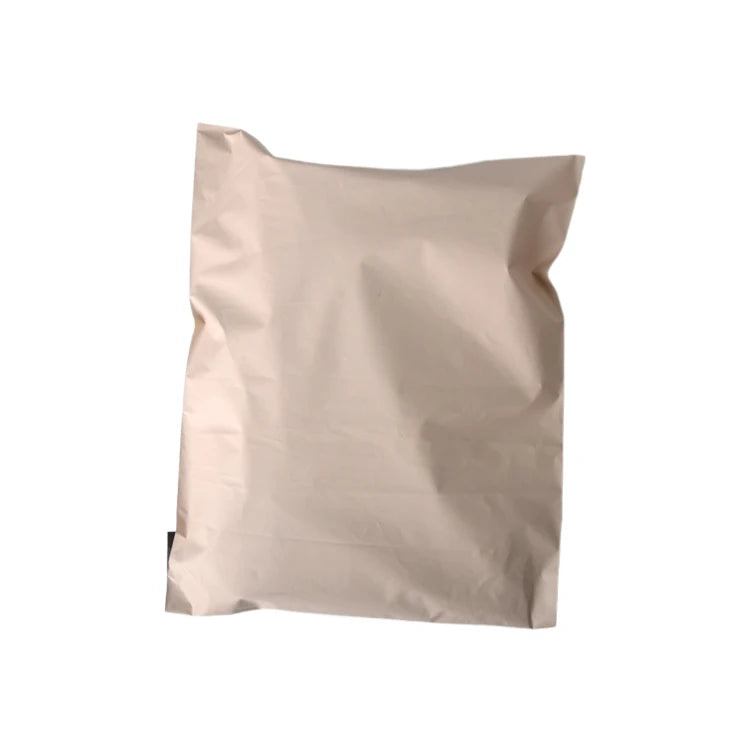 Waterproof poly mailer bag, beige/tan, sealed fold-over style for shipping clothes