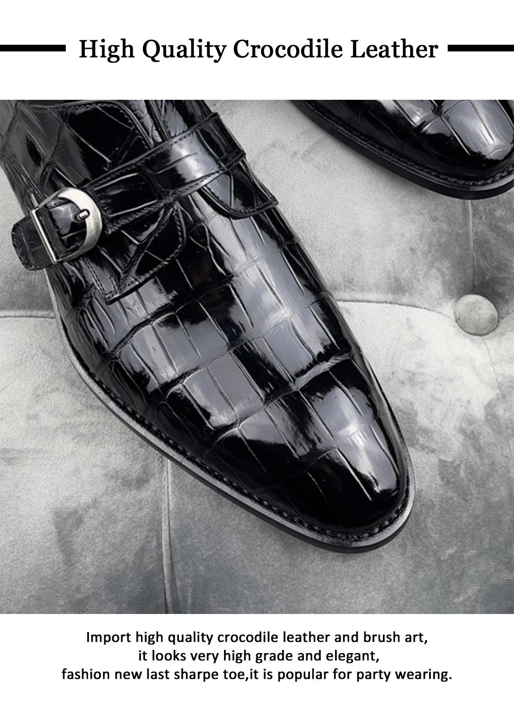 Newest Black Men Shoes Leather Comfort Slip-On High-end Handmade Men Dress Shoes Monk Strap Genuine Crocodile Leather Men Shoes