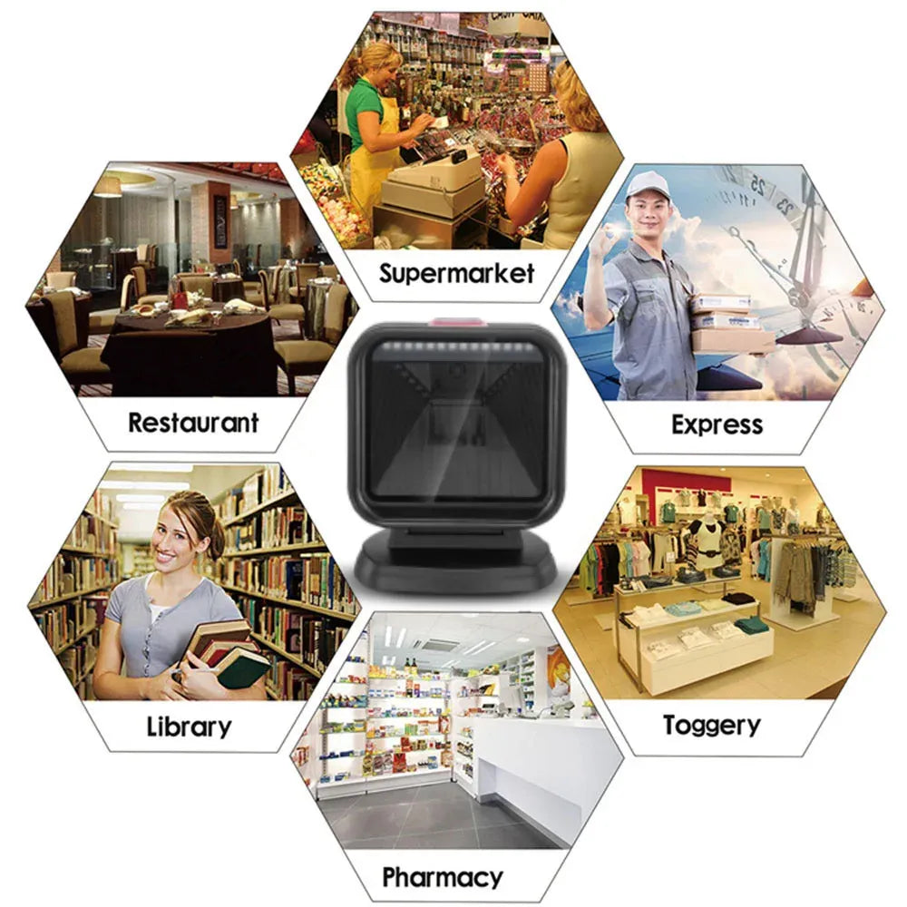 Desktop barcode scanner with square front window for retail checkout use