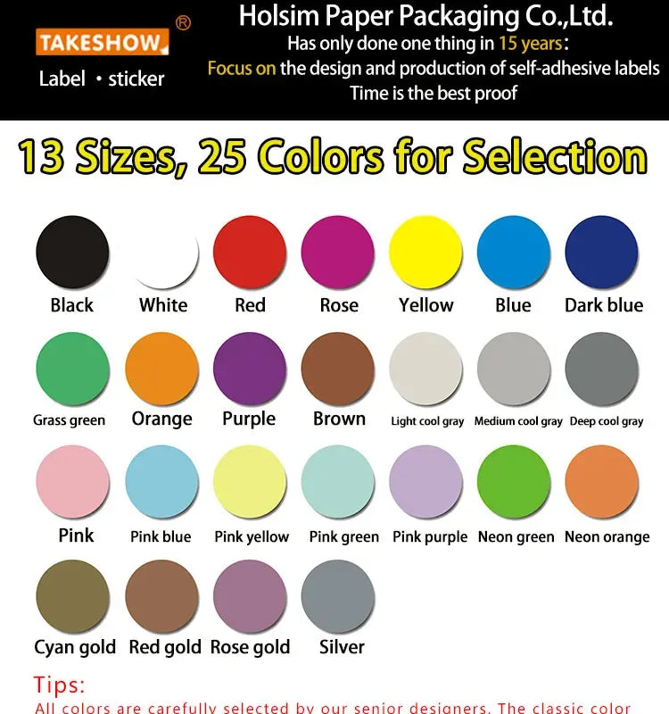 Sticker color chart showing round dot sticker colors, including black and blue
