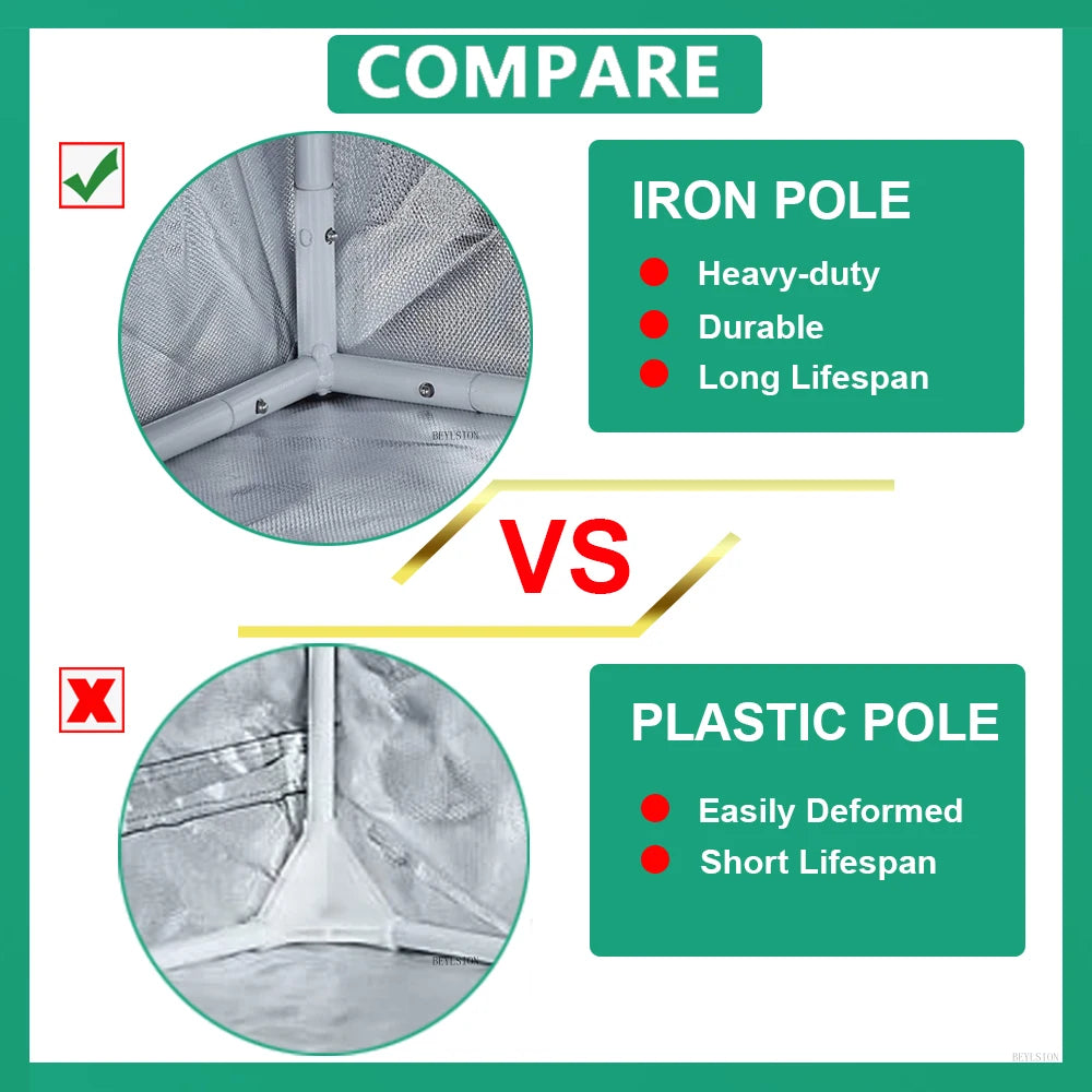 Grow tent pole comparison graphic: iron pole versus plastic pole durability