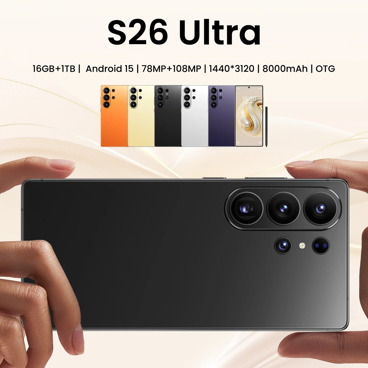 Black smartphone back held in hand, showing triple camera module