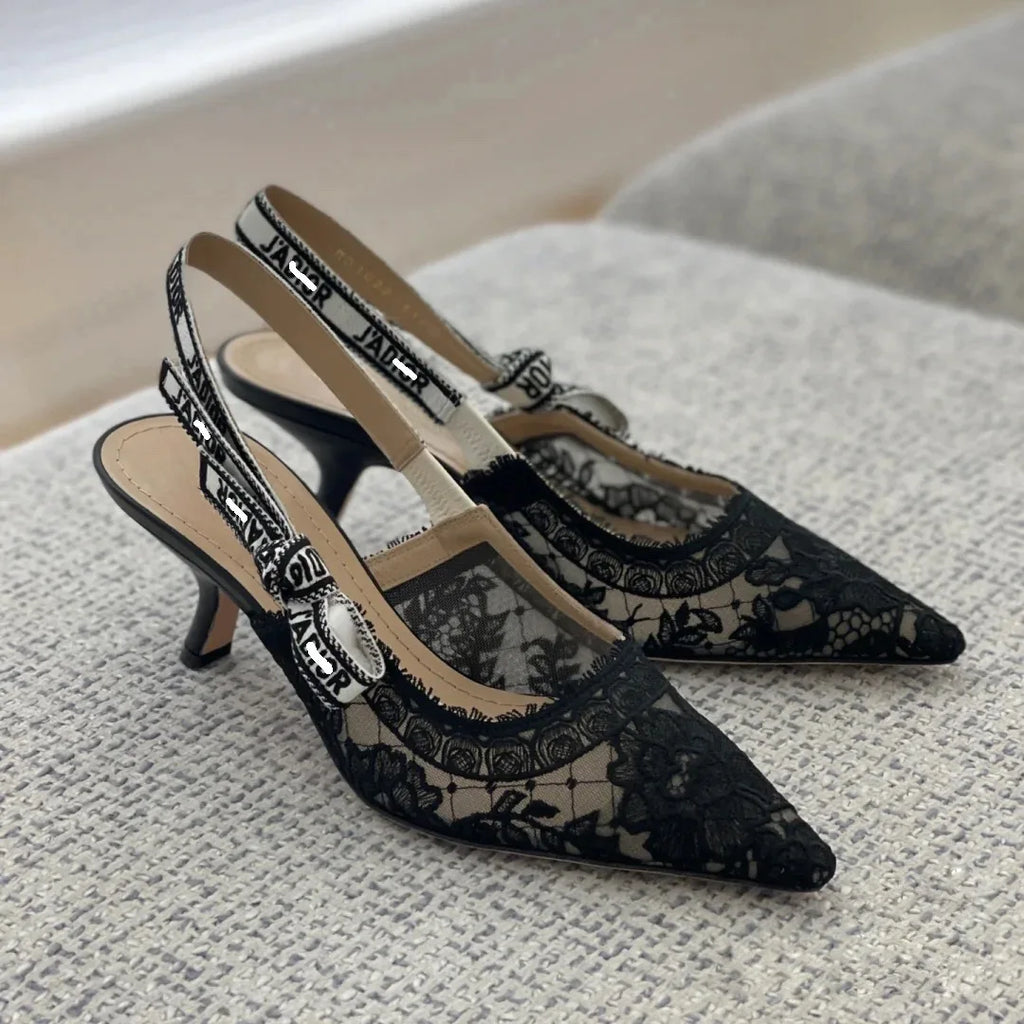 Women Shoes Sexy Stiletto Pointed Toe Transparent Mesh Embroidery Heels, Elastic Strap Evening Footwear for Club Party Occasions