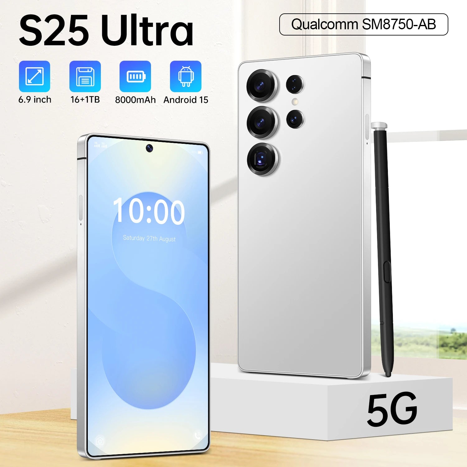 Ultra 5G S25 smartphone with 7.3 inch HD display 108MP camera and long-lasting 8800mAh battery view five