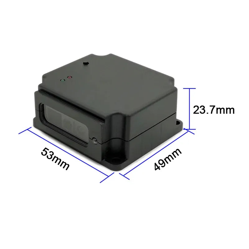 Barcode scanner with labeled dimensions: 53mm by 49mm by 23.7mm