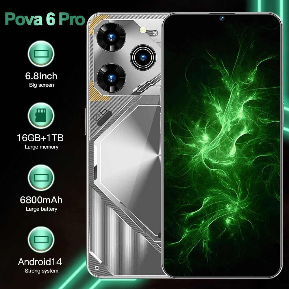 Unlocked Pova 6 Pro 5G Smartphone 16GB RAM 1TB ROM Long Battery Life Dual SIM Android Smart 5G Phone - Tidesmit