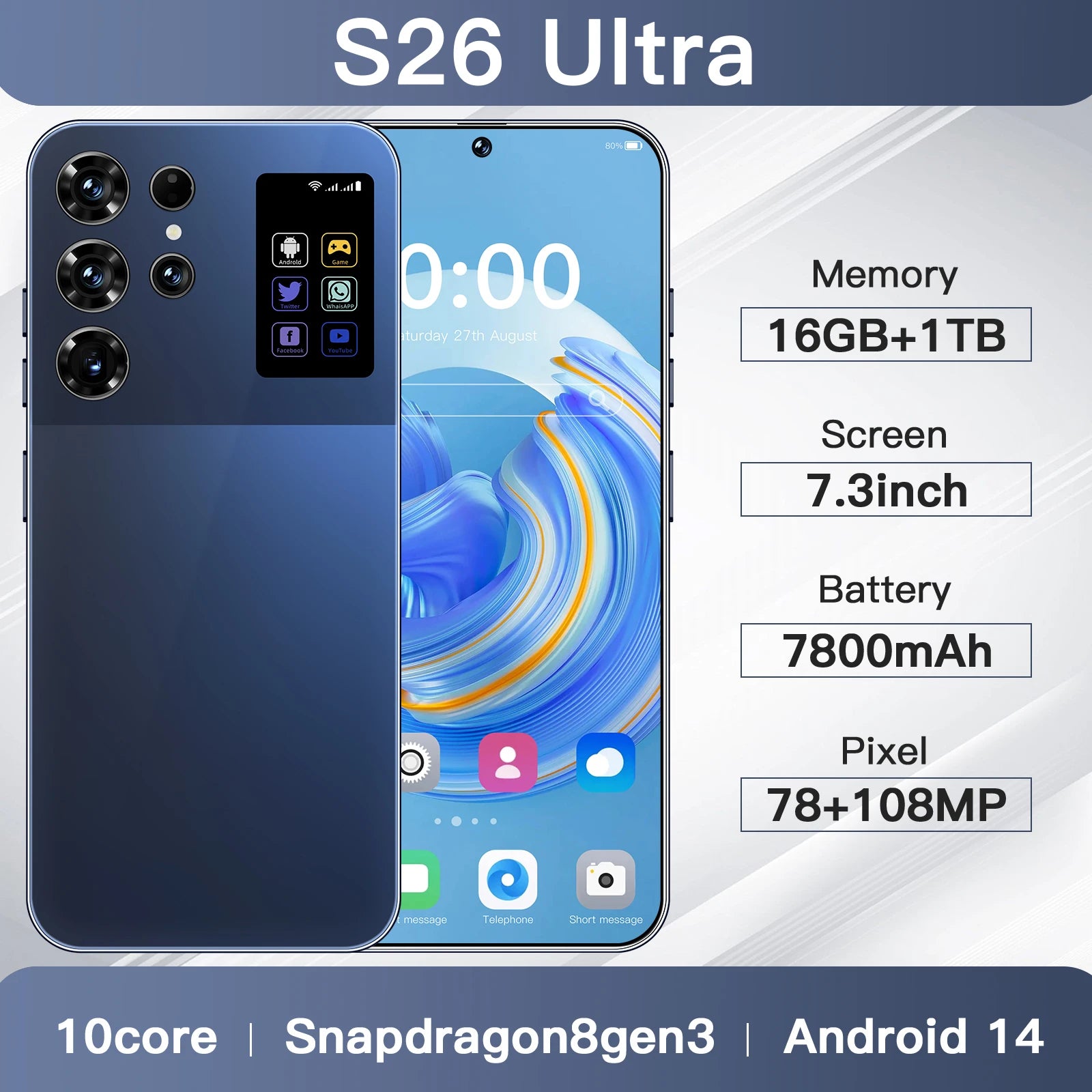 Hot Sales S26 Ultra Smart 5G Smartphone 16GB+1TB Cellphone  Android 14 7.3 Inch HD Screen Unlocked 4G+5G Connectivity Phone - Tidesmit