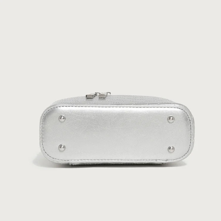 Silver metallic genuine leather trunk box bag, luxury handbag with protective metal feet and silver hardware.