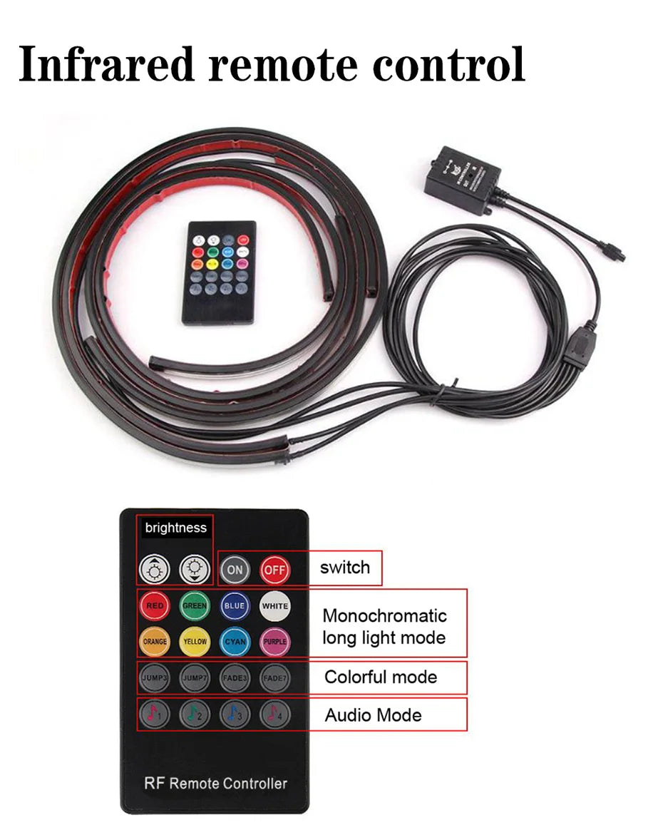 RGB LED light strips with an infrared remote controller, power module, and black wiring for automotive accent lighting.