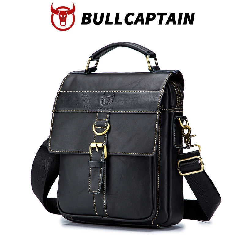 Black BULLCAPTAIN genuine leather messenger bag with vintage buckle, brass hardware, and adjustable shoulder strap.