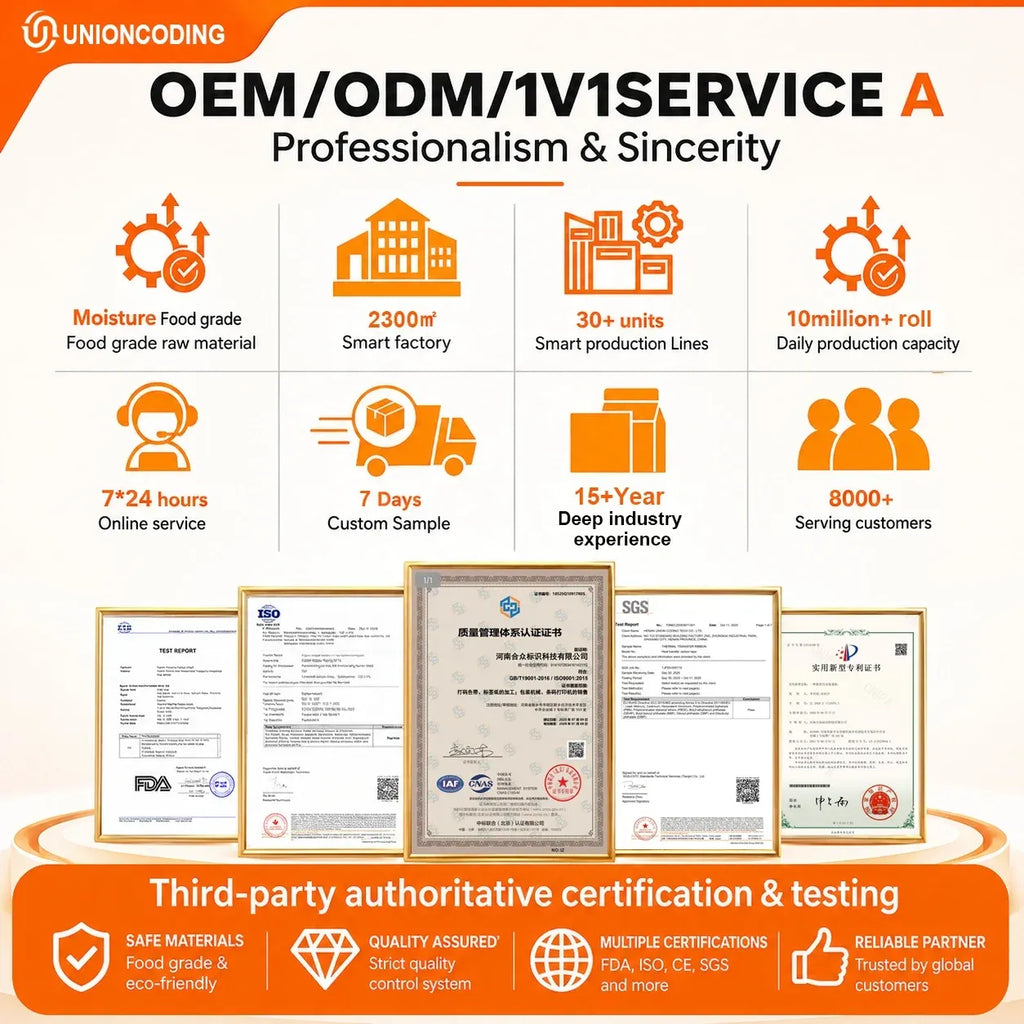 UNIOCODING OEM/ODM service infographic with certification and testing icons