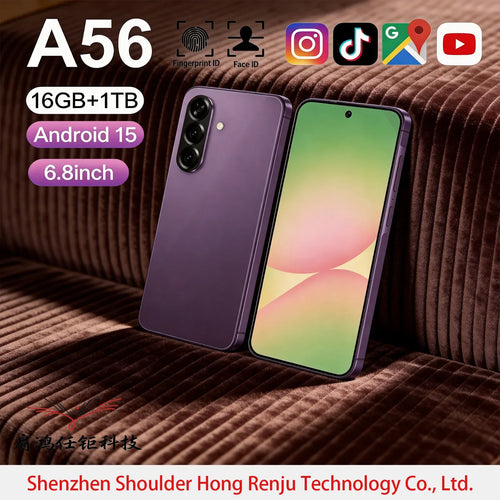 Purple smartphone with green front display and triple-lens rear camera