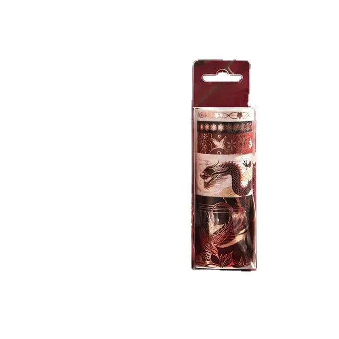Individually packaged washi tape roll with dark floral and leaf pattern