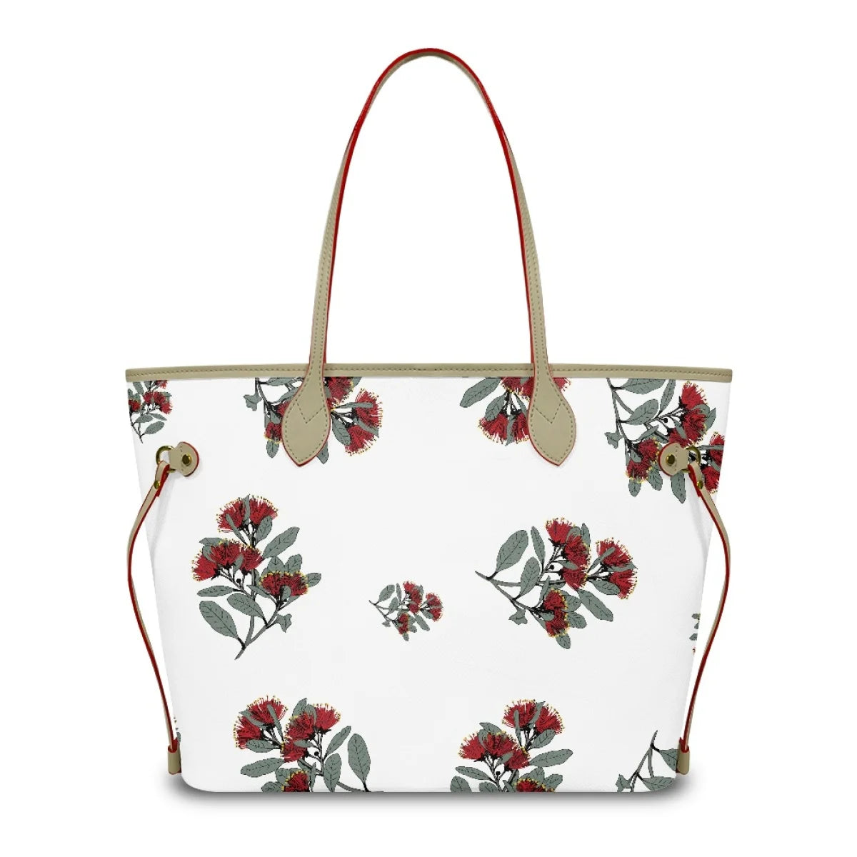 Luxury leather designer tote with white Ohia Lehua floral print, tan straps, and red accents. Spacious shoulder bag.