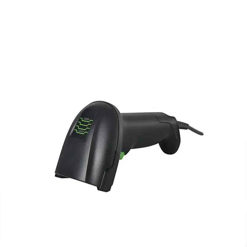 Handheld wireless barcode scanner, black housing with green icon and attached cable